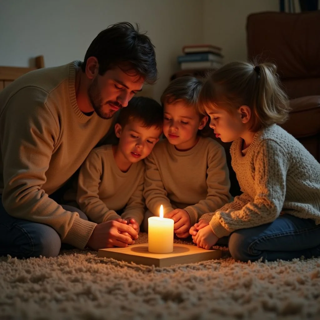 A family of four kneels together in a cozy living room.