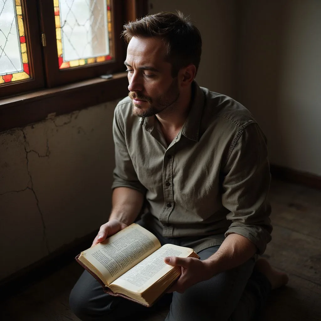 A man kneels in contemplation, holding a Bible in a serene room.