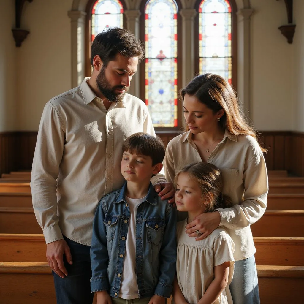 A family of four stands together in a church, reflecting peacefully.
