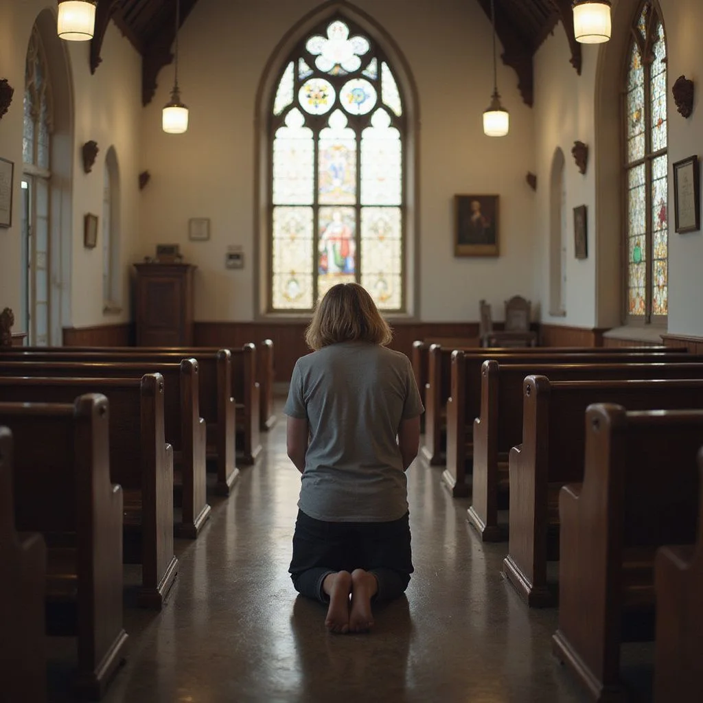 A person kneels in prayer inside a quiet church. A person kneels in prayer inside a quiet church.