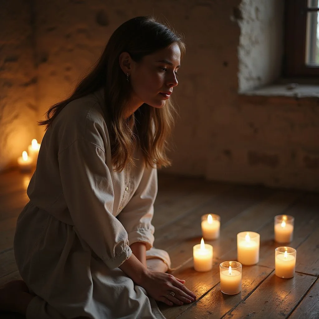An adult kneels in prayer on a wooden floor surrounded by candles.