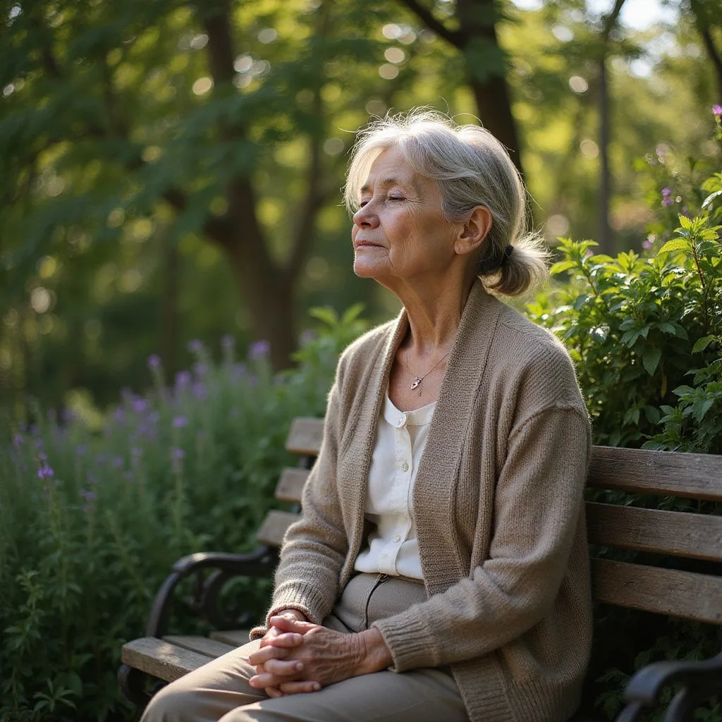 An elderly woman meditates peacefully on a garden bench.