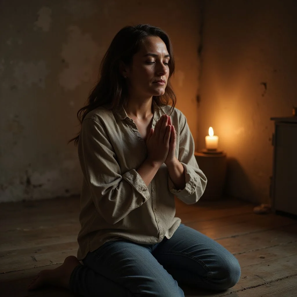 A contemplative woman kneels in prayer on a wooden floor.