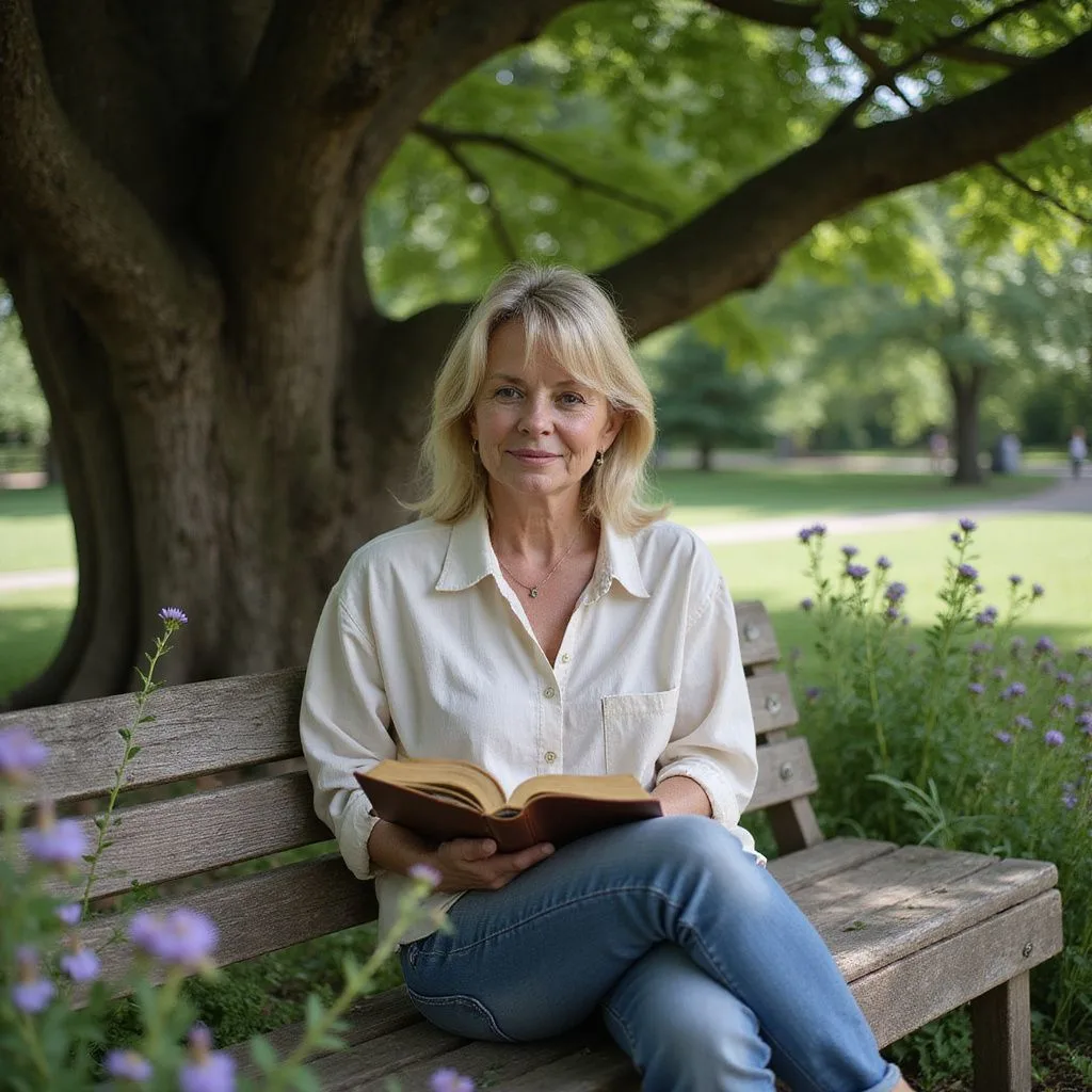 A woman sits peacefully with an open Bible on a bench.