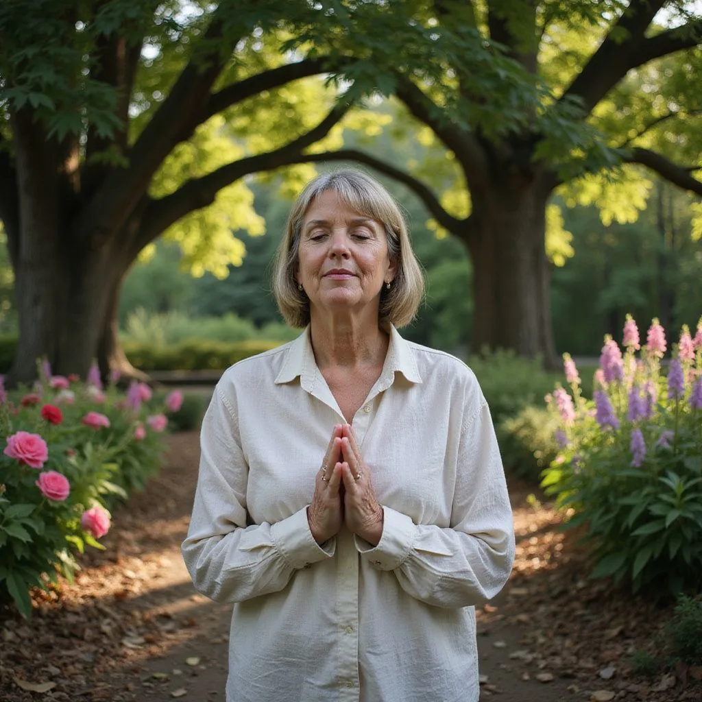 A woman meditates peacefully in a vibrant garden.