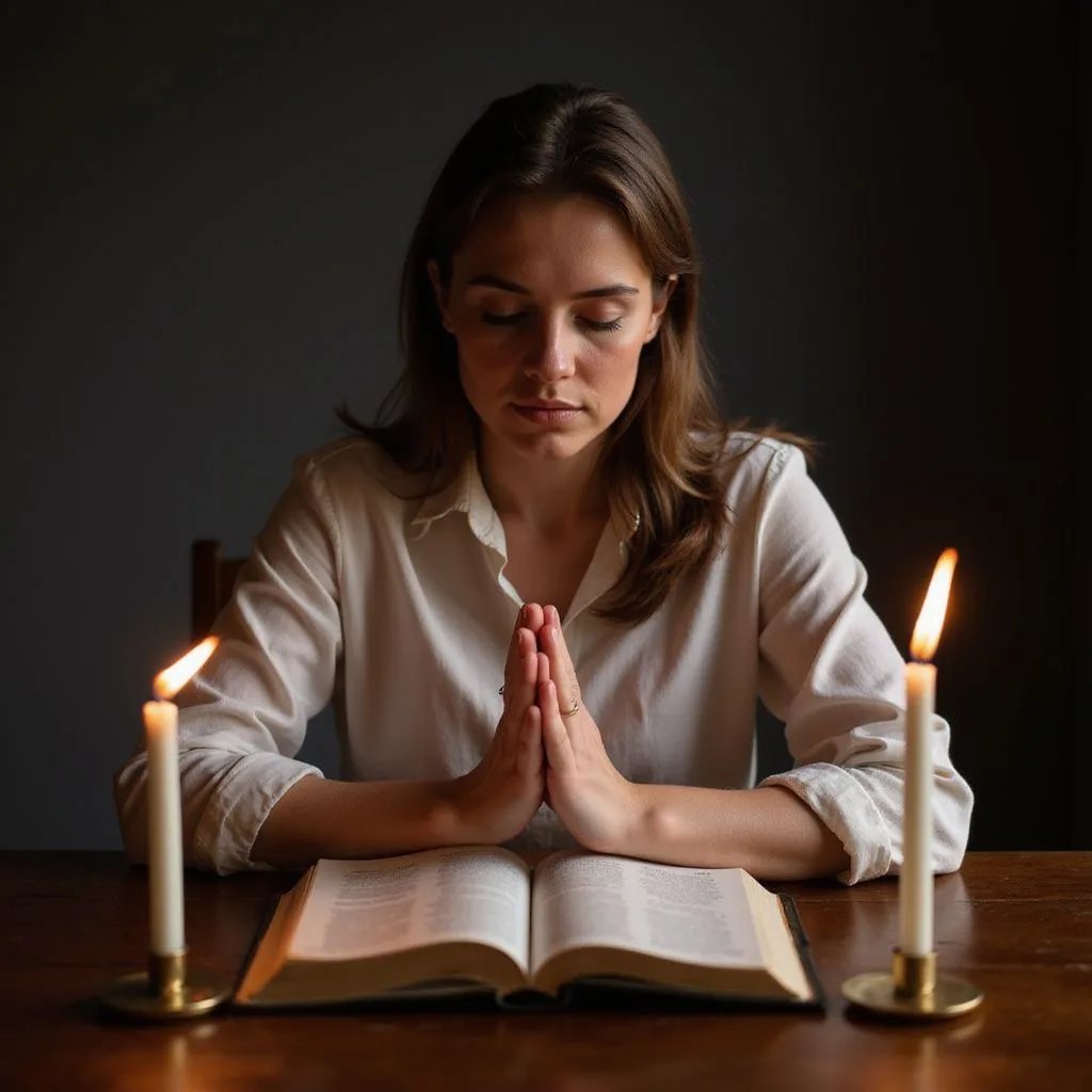 A contemplative woman prays quietly over an open Bible.