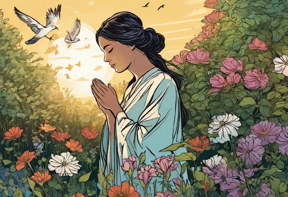 A person praying in a beautiful garden surrounded by blooming flowers.