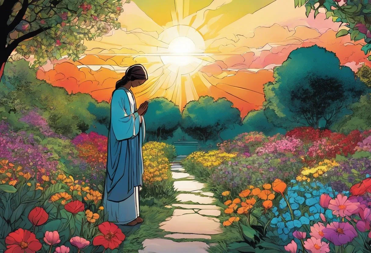 A person praying in a serene garden surrounded by colorful flowers.
