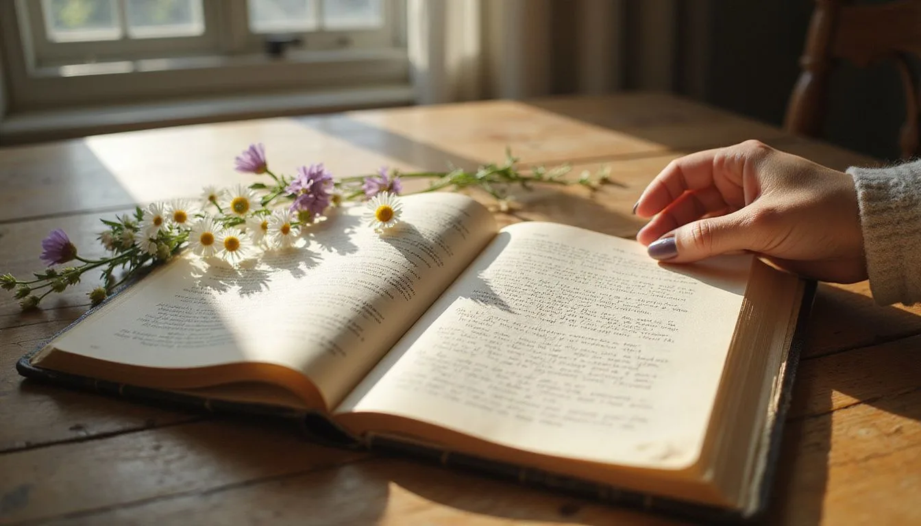 A woman reflects on a prayer beside an open Bible and flowers.