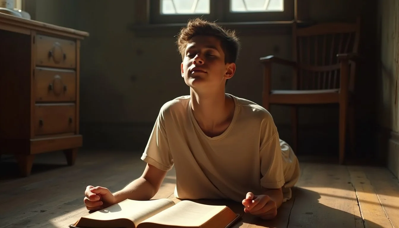 A young adult kneels contemplatively beside an open Bible.