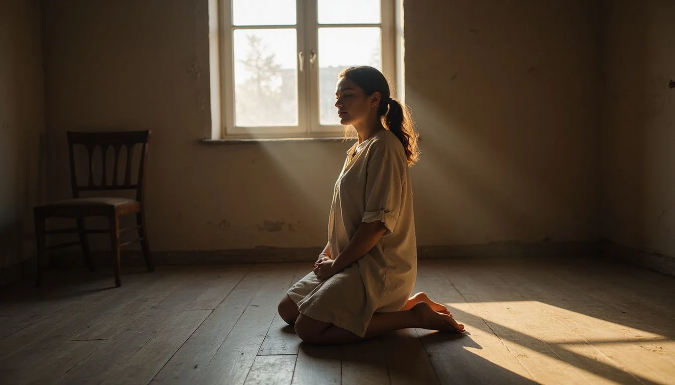 A woman kneels in a modest room, reflecting in quiet prayer.