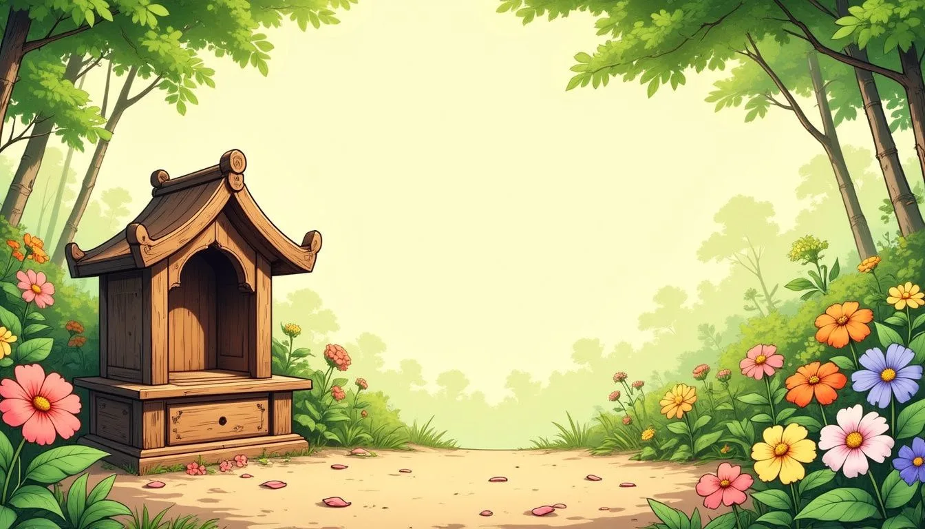 A wooden prayer altar surrounded by vibrant flowers exudes tranquility.
