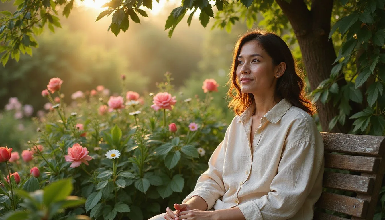 A tranquil garden scene with vibrant flowers and a contemplative person.